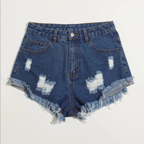 Distressed raw hem ripped denim jean shorts light minimalist - Picture 3 of 4